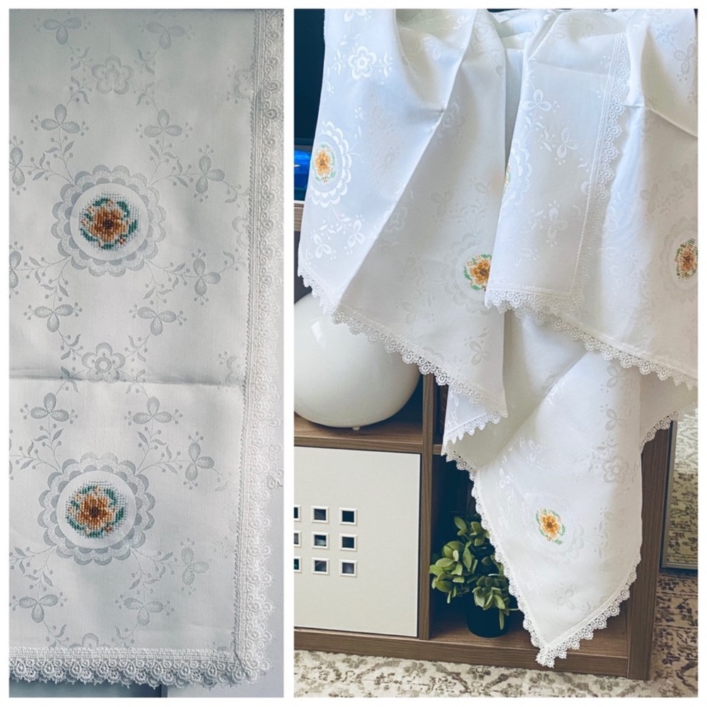 Vintage Floral Embroidered Handmade Embroidered Tablecloth with Lace Trim